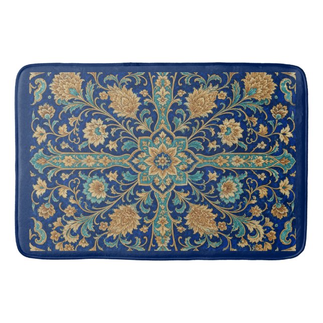 Persian Floral Arabesque Pattern Royal Blue  Bath Mat (Front)