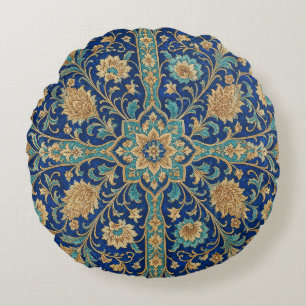 Persian Floral Arabesque Pattern Royal Blue Round Cushion
