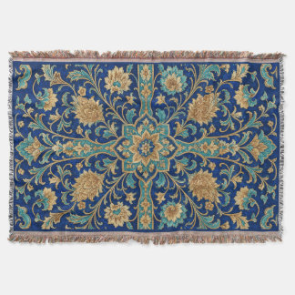Persian Floral Arabesque Pattern Royal Blue Throw Blanket