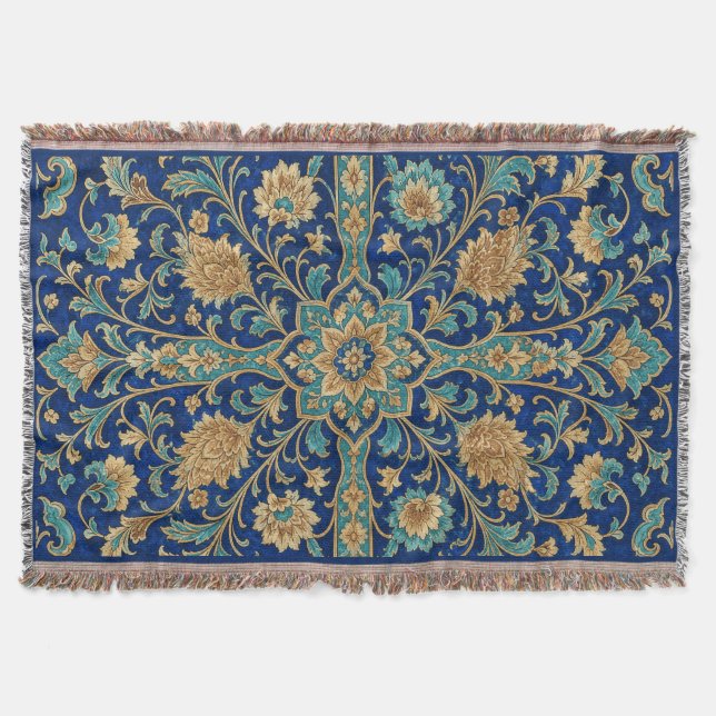 Persian Floral Arabesque Pattern Royal Blue  Throw Blanket (Front)