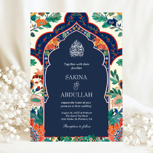 Persian Floral Inlay Navy Blue Muslim Wedding Invitation