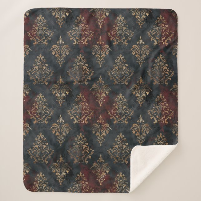 Persian Gold Damask Noir Pattern (2) Sherpa Blanket (Front)