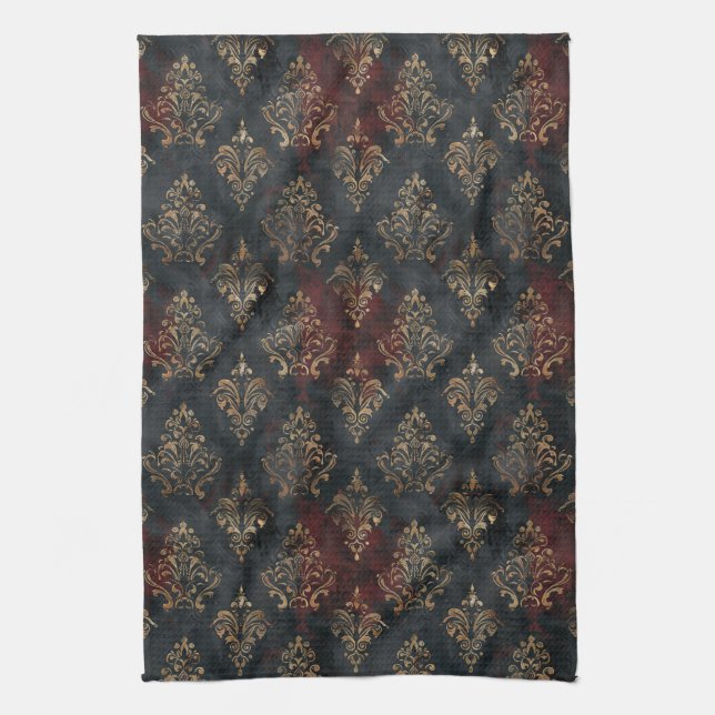Persian Gold Damask Noir Pattern (2) Tea Towel (Vertical)