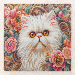 Persian Kitten Flowers, Floral Delight Persian Cat Glass Coaster