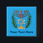 Persian Magen David Menorah 15 Cm Square Badge<br><div class="desc">This image was adapted from an antique Persian Jewish tile and features a menorah with a Magen David (Star of David) framed by olive branches.  The imperfections of the original,  hand-painted image have been preserved.</div>