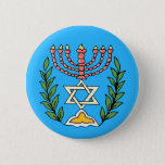 Persian Magen David Menorah 6 Cm Round Badge<br><div class="desc">This image was adapted from an antique Persian Jewish tile and features a menorah with a Magen David (Star of David) framed by olive branches.  The imperfections of the original,  hand-painted image have been preserved.</div>
