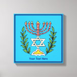 Persian Magen David Menorah Canvas Print<br><div class="desc">This image was adapted from an antique Persian Jewish tile and features a menorah with a Magen David (Star of David) framed by olive branches.  The imperfections of the original,  hand-painted image have been preserved. Add your own text.</div>