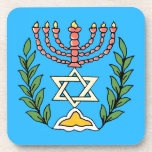 Persian Magen David Menorah Coaster<br><div class="desc">This image was adapted from an antique Persian Jewish tile and features a menorah with a Magen David (Star of David) framed by olive branches.  The imperfections of the original,  hand-painted image have been preserved.</div>