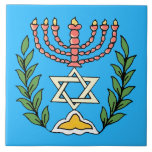 Persian Magen David Menorah Tile<br><div class="desc">This image was adapted from an antique Persian Jewish tile and features a menorah with a Magen David (Star of David) framed by olive branches.  The imperfections of the original,  hand-painted image have been preserved.</div>