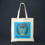 Persian Magen David Menorah Tote Bag<br><div class="desc">This image was adapted from an antique Persian Jewish tile and features a menorah with a Magen David (Star of David) framed by olive branches.  The imperfections of the original,  hand-painted image have been preserved. Add your own text.</div>