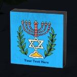Persian Magen David Menorah Wooden Box Sign<br><div class="desc">This image was adapted from an antique Persian Jewish tile and features a menorah with a Magen David (Star of David) framed by olive branches.  The imperfections of the original,  hand-painted image have been preserved. Add your own text.</div>
