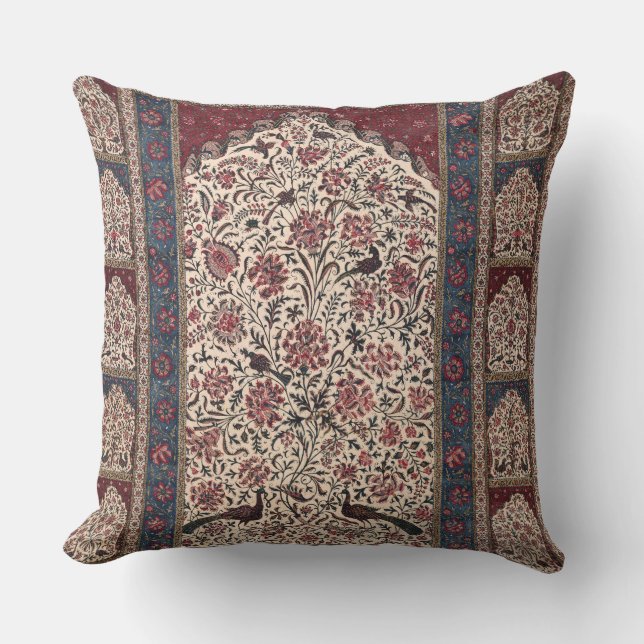 Persian Peacocks & Flowers Throw Pillow (Front)