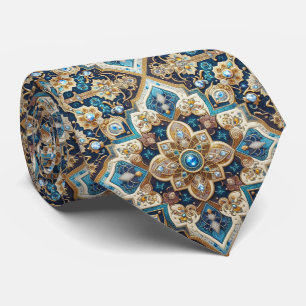 Persian Rug Diamonds Cobalt Blue Gold Faux Silk Tie