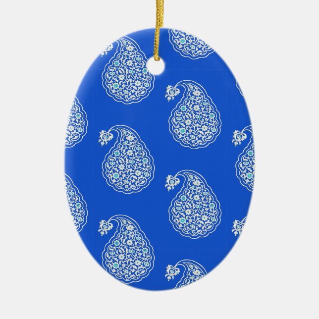 Persian tile paisley - white on blue ceramic tree decoration (Front)