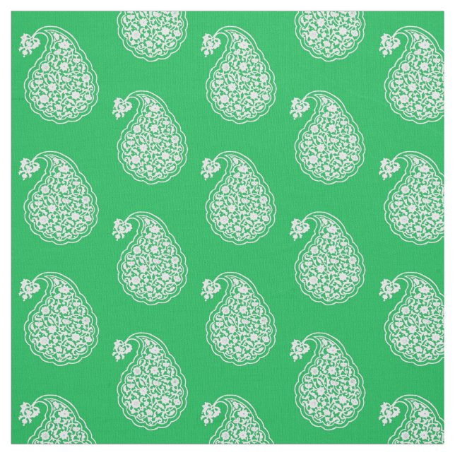 Persian tile paisley - white on emerald green fabric (Swatch)