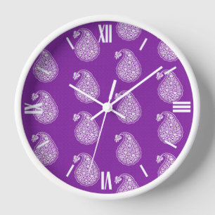 Persian tile paisley - white on purple wall clock