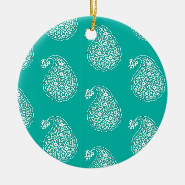 Persian tile paisley - white on turquoise ceramic tree decoration (Front)