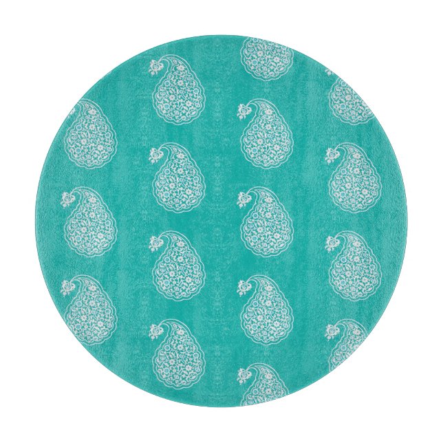 Persian tile paisley - white on turquoise cutting board (Front)