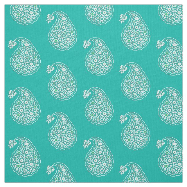 Persian tile paisley - white on turquoise fabric (Swatch)