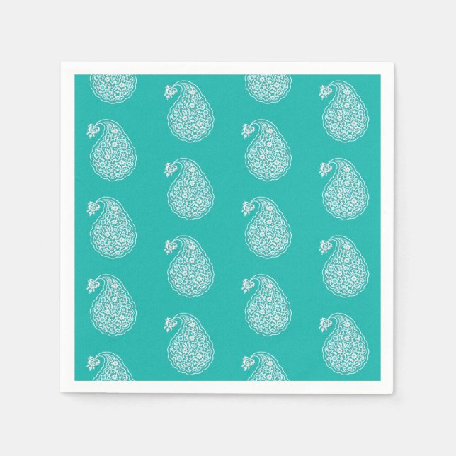 Persian tile paisley - white on turquoise napkin (Front)
