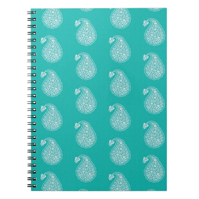 Persian tile paisley - white on turquoise spiral notebook (Front)