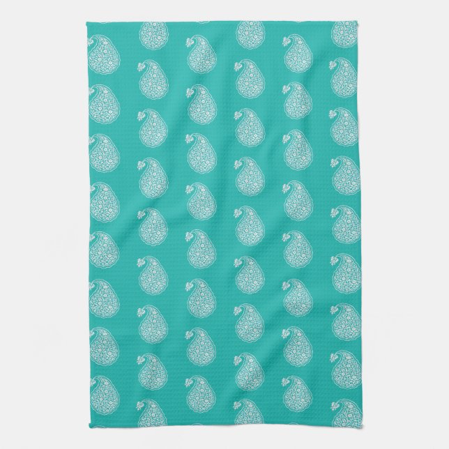Persian tile paisley - white on turquoise tea towel (Vertical)