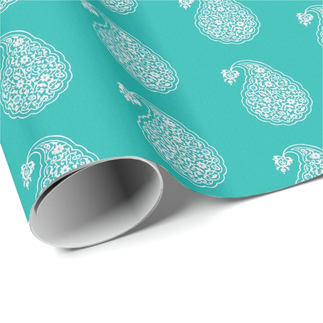 Persian tile paisley - white on turquoise wrapping paper (Roll Corner)