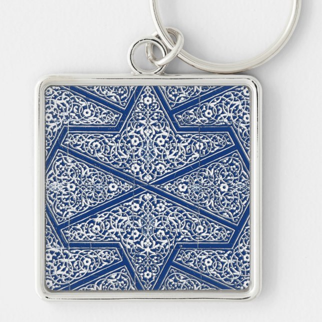 Persian tile pattern - cobalt blue and white key ring (Front)