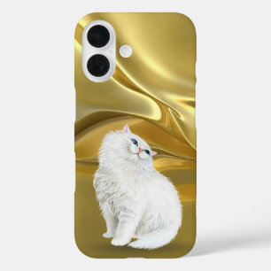 Persian White Cat On Gold Satin iPhone 16 Case