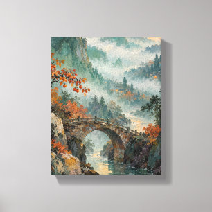 Persimmon Bridge Through Jade Fog   Hand Painted L Canvas Print