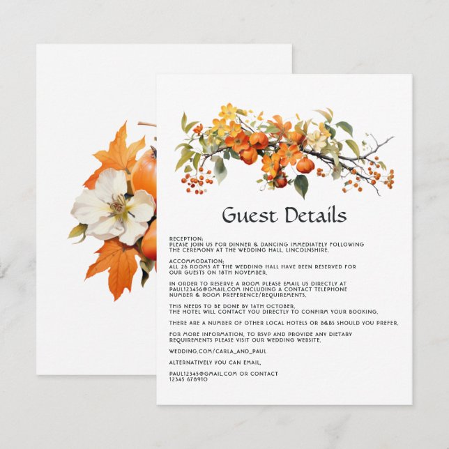 Persimmon Floral Wedding Guest Details Enclosure Card (Front/Back)