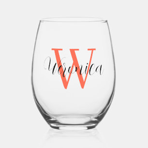 Persimmon Initial and Black Name Elegant Stemless Wine Glass
