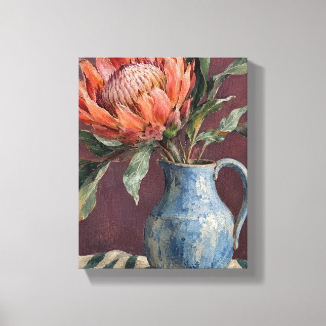 Persimmon Protea in a Cool Blue Pitcher Canvas Print (Front)