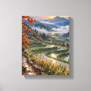 Persimmon Rain over Jade Terraces Autumn Landsca Canvas Print