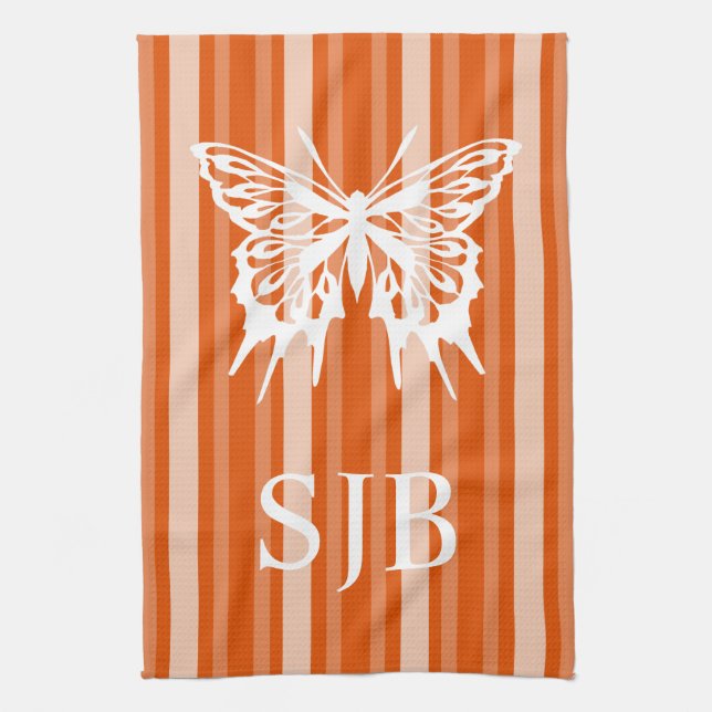 Persimmon Victorian Stripe with Butterfly Monogram Tea Towel (Vertical)