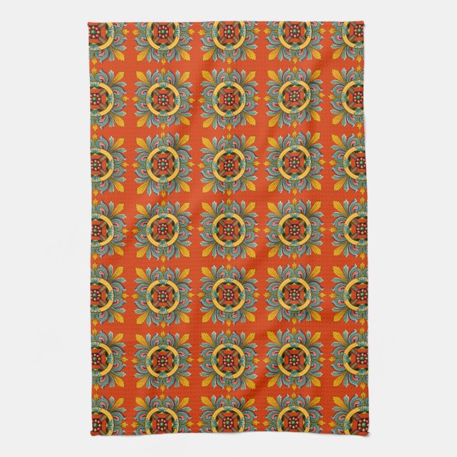 Persimmon Victorian Tile Design Tea Towel (Vertical)