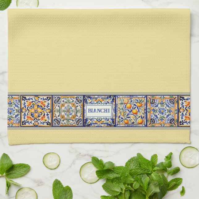 Persnalized Name Blue & Yellow Mediterranean Tile Tea Towel (Folded)