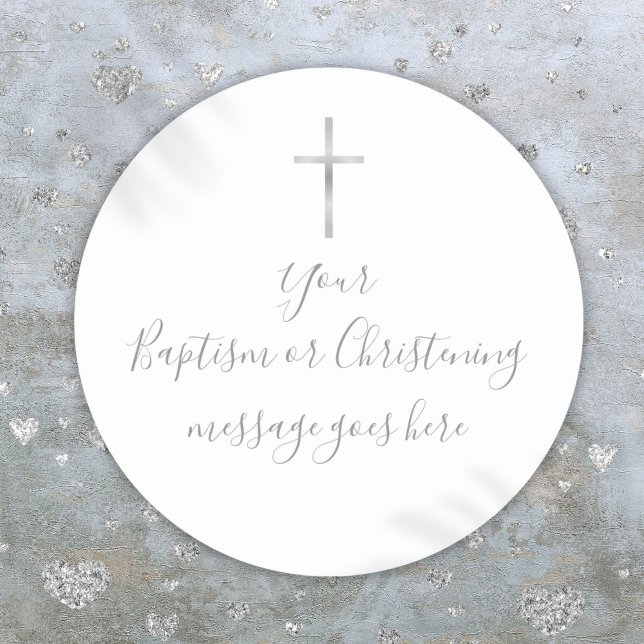 Persoanlized Silver Cross Baptism Christening Classic Round Sticker (Persoanlized Silver Cross Baptism Christening Classic Round Sticker)