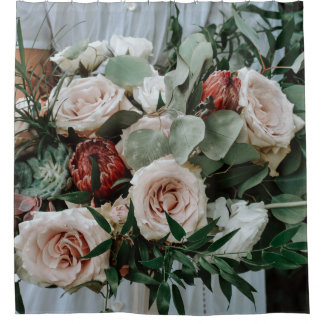 PERSON HOLDING BOUQUET OF PINK AND RED FLOWERS SHOWER CURTAIN