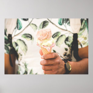 Person holding ice cream cone with three flavours  poster