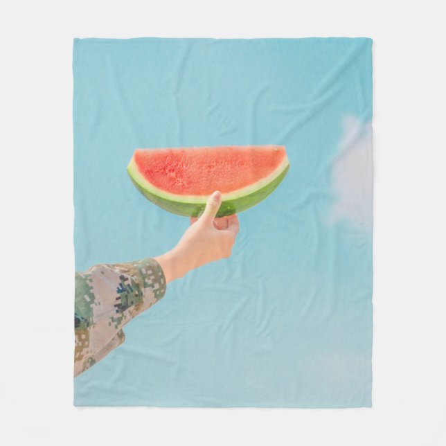 Person holding sliced watermelon fleece blanket (Front)