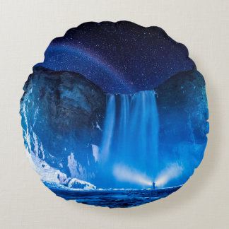 PERSON IN FRONT OF WATERFALLS DURING NIGHTTIME ROUND CUSHION