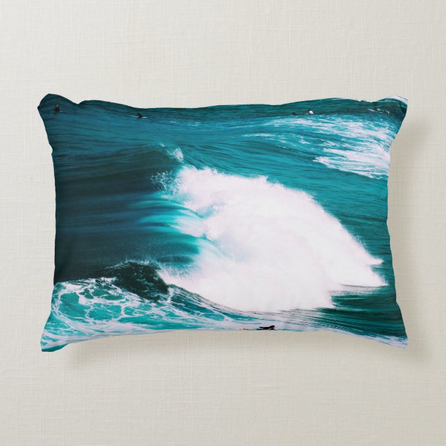 PERSON ON SURFBOARD WITH OCEAN WAVES DECORATIVE CUSHION (Front)