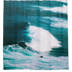 Person on surfboard with ocean waves shower curtain