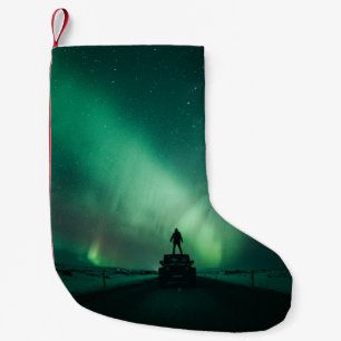 PERSON STANDING IN FRONT OF AURORA LIGHTS SMALL CHRISTMAS STOCKING