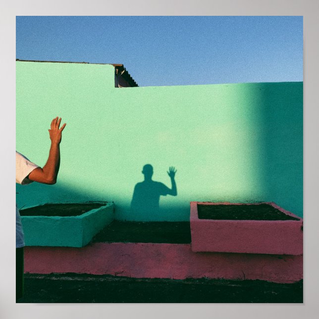 Person waving reflecting shadow on teal wall paint poster (Front)