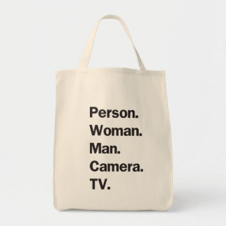 Person. Woman. Man. Camera. TV. Tote Bag