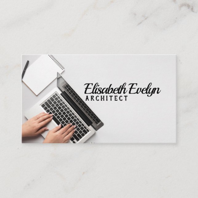 person writing on laptop business card (Front)
