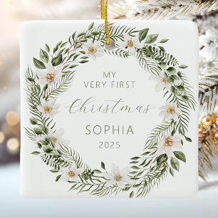 Persona;ized Baby First Christmas Woodland Wreath Ceramic Ornament