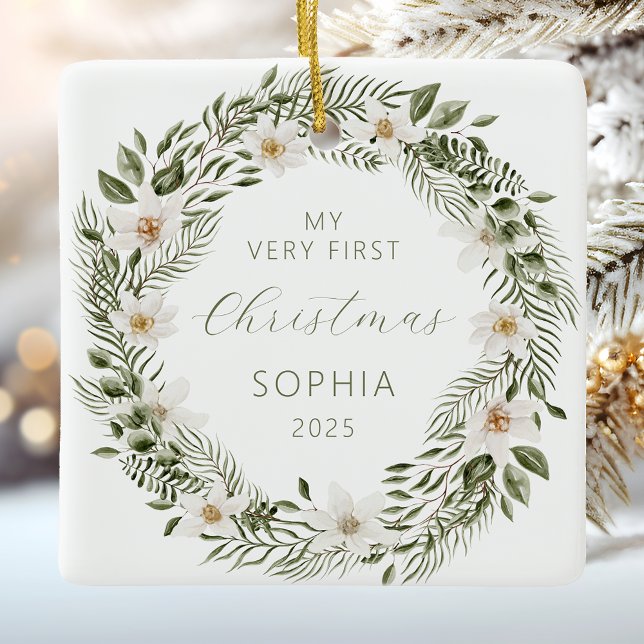 Persona;ized Baby First Christmas Woodland Wreath Ceramic Ornament (Creator Uploaded)